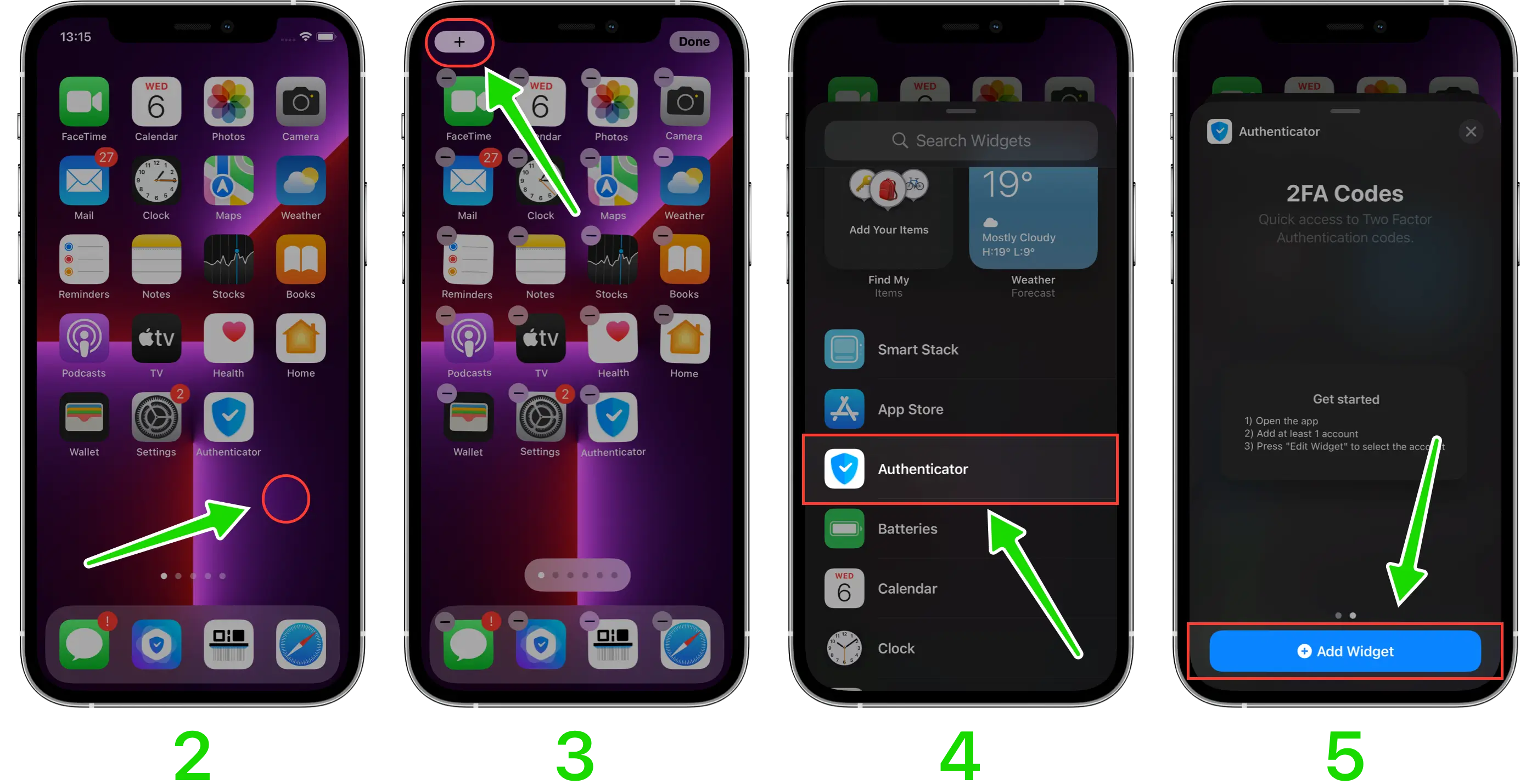 iPhone showing how to add Authenticator widget