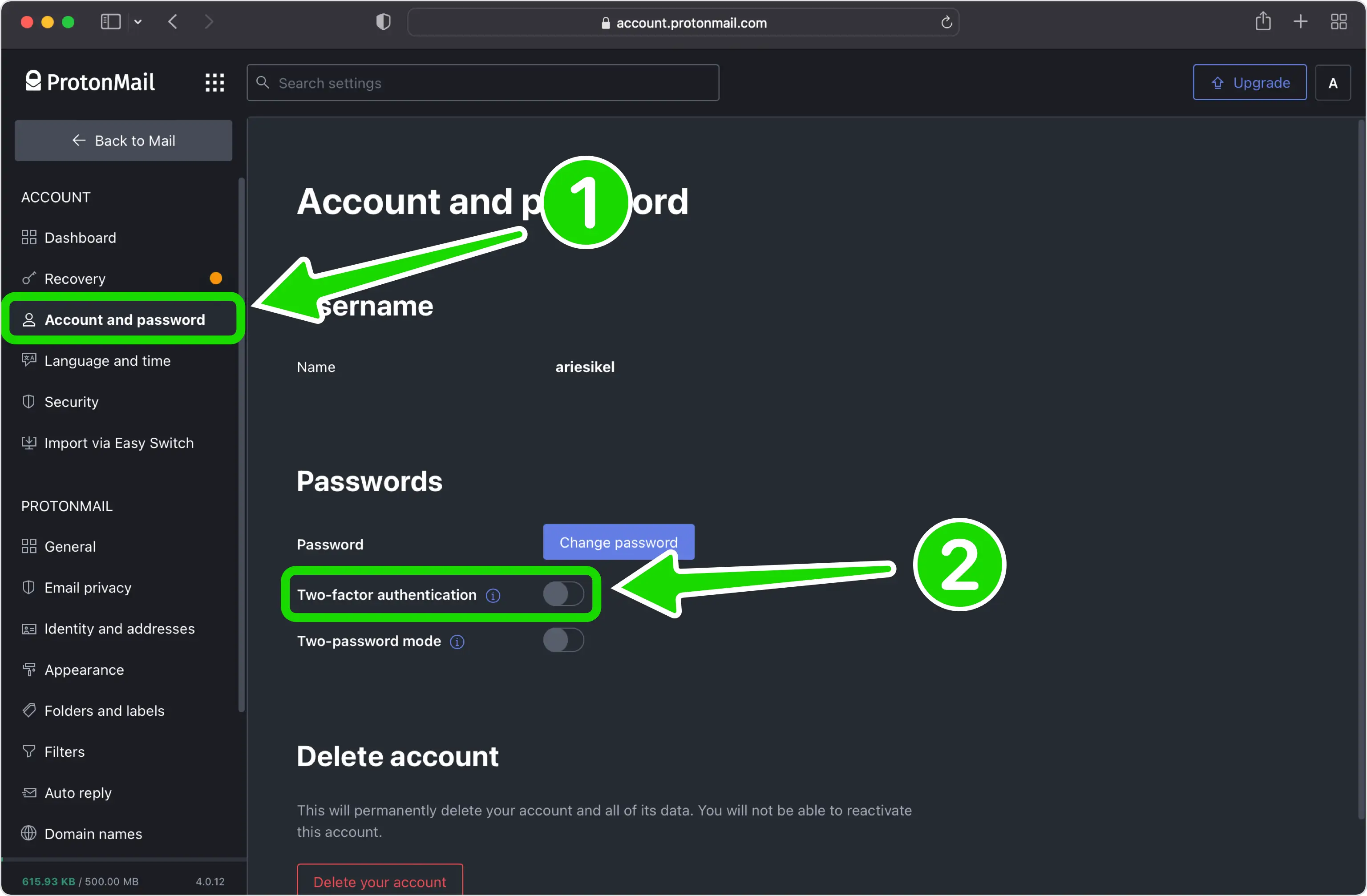 protonmail two factor authentication